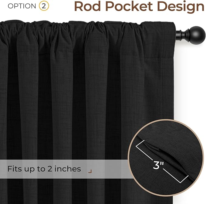 INOVADAY 100% Blackout Curtains 84 Inches Length 2 Panels Set, Back Tab/Rod Pocket Linen Black Out Curtains for Bedroom, Thermal Insulated Window Drapes - Black, W50 X L84