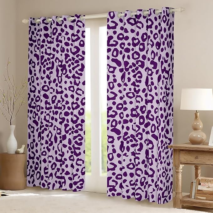 Feelyou Cute Leopard Room Darkening Blackout Curtain Cheetah Curtains for Bedroom Living Room Boys Girls Purple Animal Print Blackout Curtains (2 Panels, 42 x 90 Inch) Safari Window Treatments