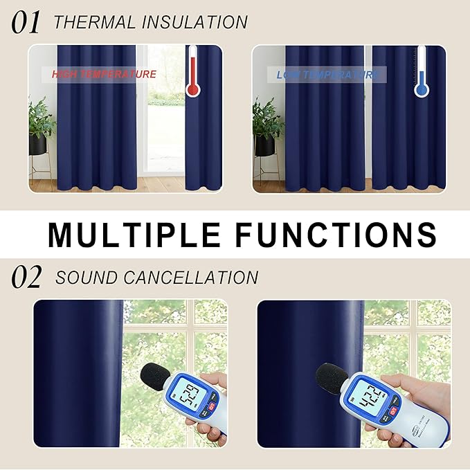 XWZO Full Blackout Curtains 84 Inches Length with Tiebacks- Heat and Light Blocking Rod Pocket & Back Tab Window Drapes with Black Liner Backing for Bedroom/Kid's Room, Navy Blue, W42 x L84, Set of 2