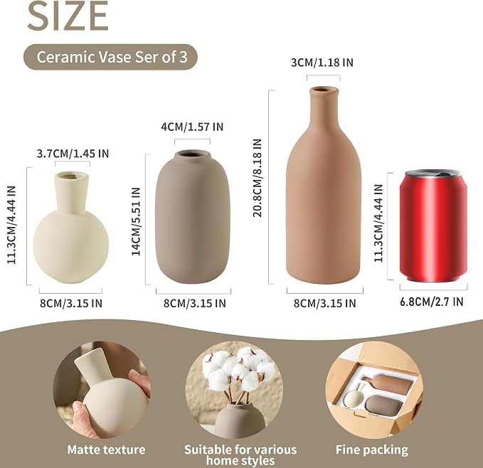 Ceramic Vases Set of 3, Modern Neutral Rustic Farmhouse Home Decor Pottery Pampas Decoration for Living Room, Table, Bathroom, Bedroom, Entryway - Brown