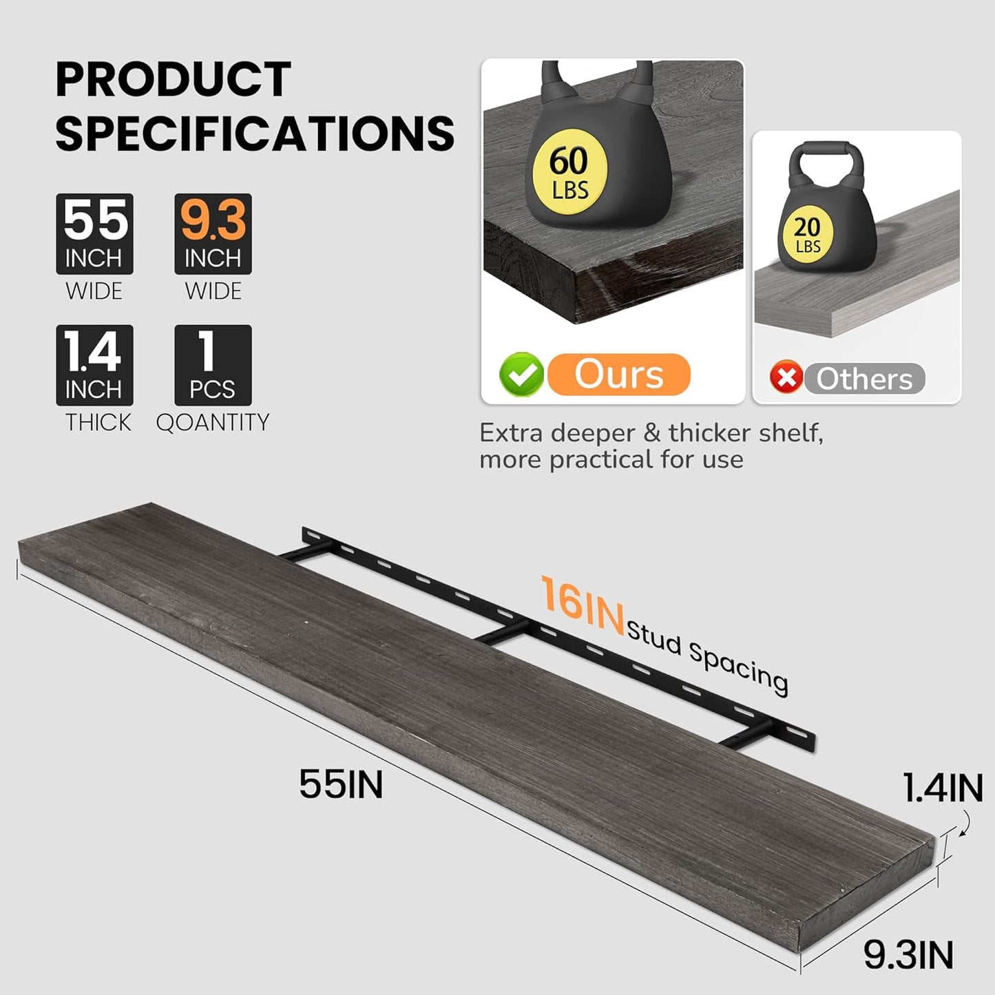 Fun Memories Floating Shelves for Wall, 55"x9.3" Rustic Solid Elm Wood Shelves, Heavy-Duty Wall Mounted Shelves with Invisible Brackets, Set of 2 for Living Room, Bedroom, Kitchen, Grey Finish