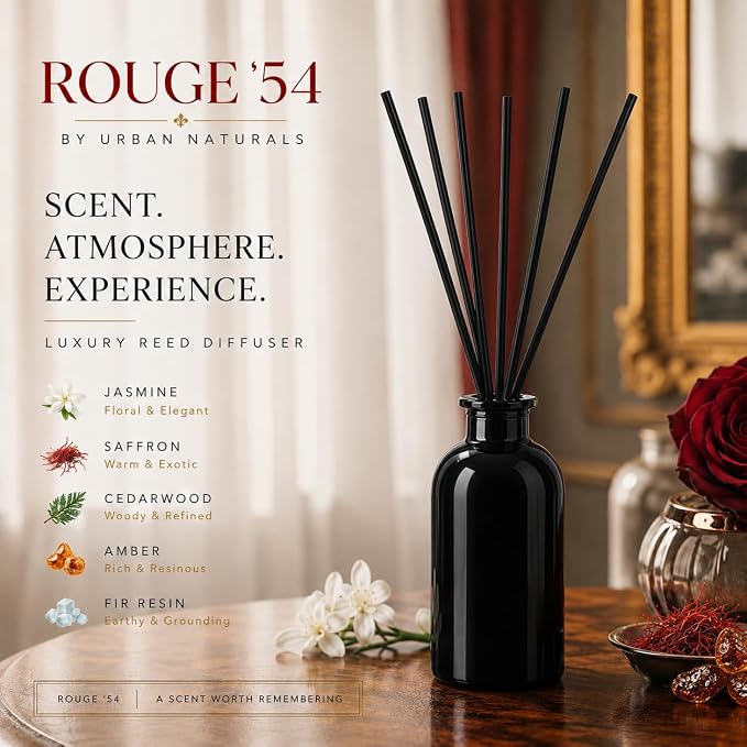 Urban Naturals Reed Diffuser Set, Rouge 54 - Bathroom Shelf Décor | Saffron, Jasmine, Amber and Woods, Aromatic Home Fragrance, Made in the USA