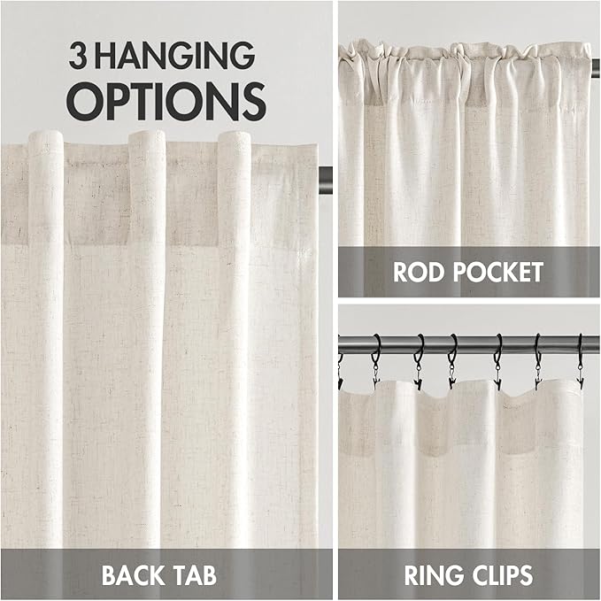 MIULEE Non-See-Through Privacy Linen Curtains 2 Panels, Light Filtering Window Curtains Farmhouse Textured Back Tab Semi Sheer Drapes for Bedroom Living Room, 52 x 80 Inches Long, Natural White