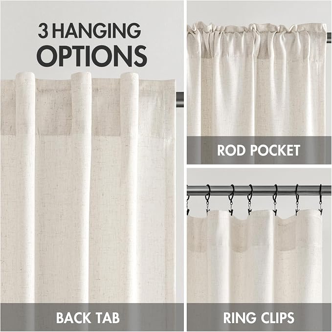 MIULEE Non-See-Through Privacy Linen Curtains 2 Panels, Light Filtering Window Curtains Farmhouse Textured Back Tab Semi Sheer Drapes for Bedroom Living Room, 52 x 94 Inches Long, Natural White