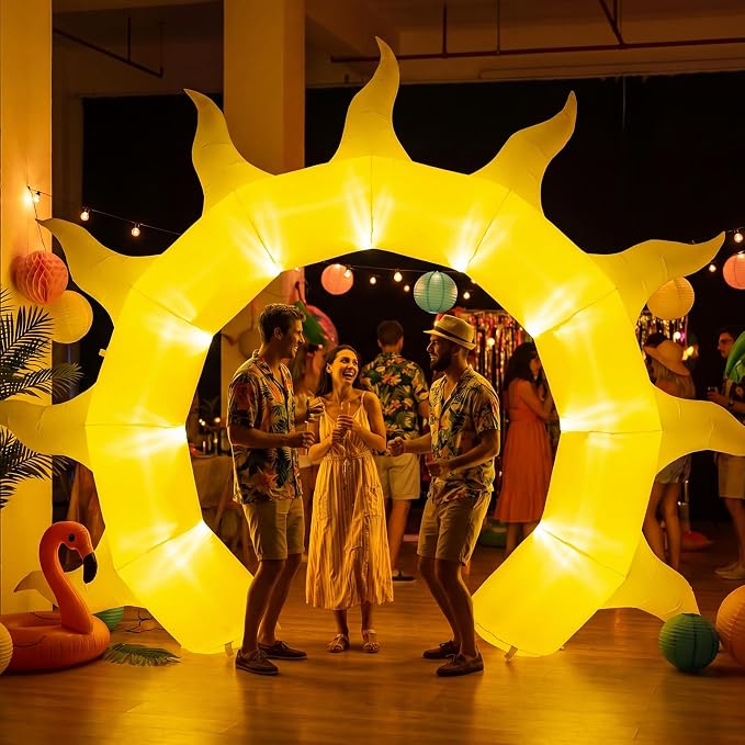 Seenelling 12 FT Summer Sun Inflatable Archway with LED Lights, Giant Sunshine Blow Up Arch Decoration for Baby Shower, Birthday, Beach Pool Party and Outdoor Yard Lawn Decor