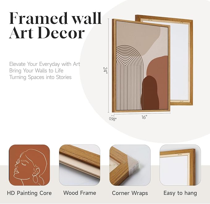 Framed Mid Century Modern Boho Wall Art for Living Room, 3 Piece Abstract Minimalist Line Canvas Artwork for Walls, Large Terracotta Tones Prints Paintings for Bedroom Hallway Wall Decor, 16x24 Inch
