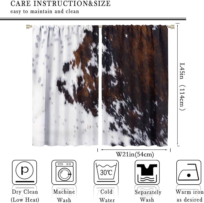 Cow Print Blackout Curtain,Retro Farm Style Animals Brown Cowhide Cow Fur Print Window Treatments Rod Pocket Curtain for Bedroom Living Room Kitchen Decor Drapes 42x45in