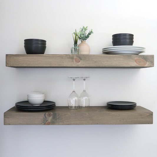 Modern Floating Shelves 3 Inches Thick for Wall, Wide Shelves for Kitchen, Living Room, Bedroom, and Bathroom, Natural Pine Wood, Rustic Wooden Shelf, (Set of 2) (Aged Barrel, 48Lx3Hx8D)