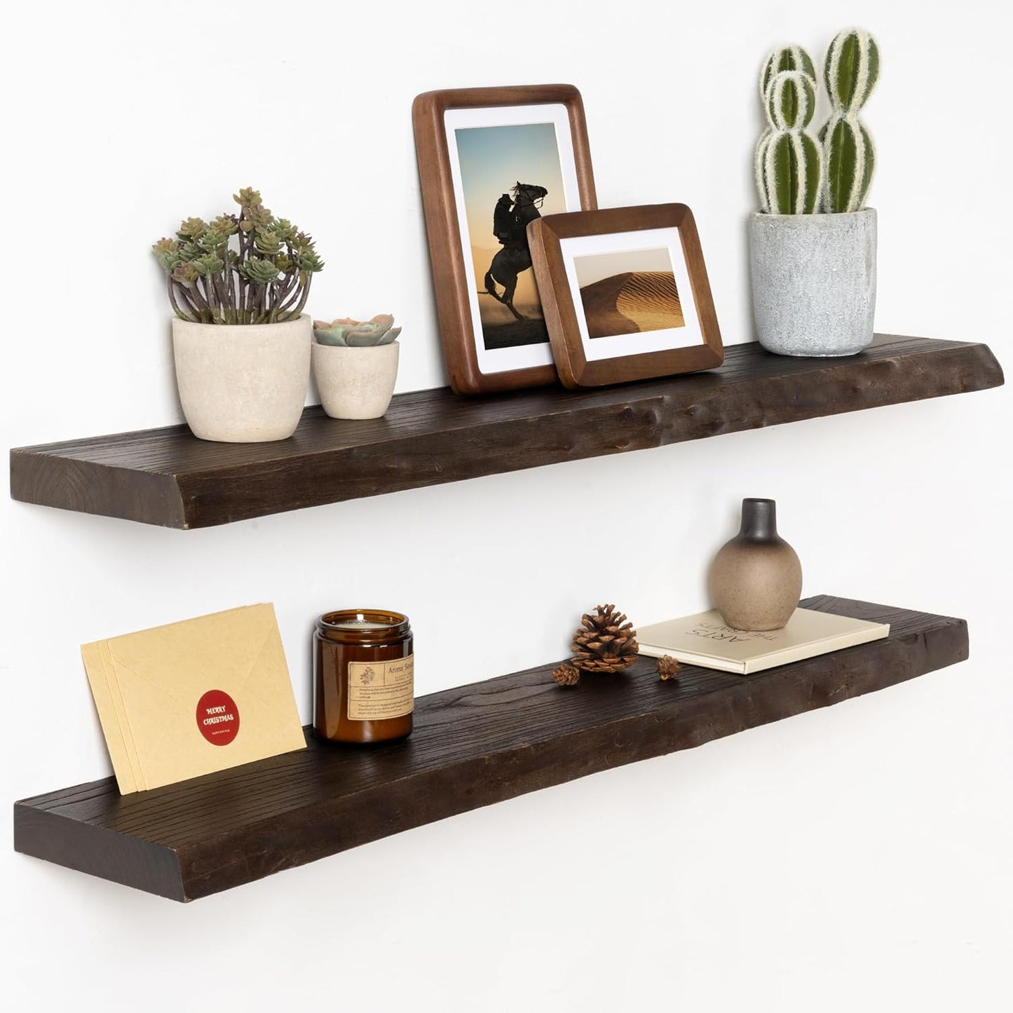 Solid Elm Wood Floating Shelves, 36 Inch Wood Floating Shelves for Wall, Live Edge Wooden Shelves Wall Mounted for Books, Bathroom, Kitchen, Walnut Color, Set of 2