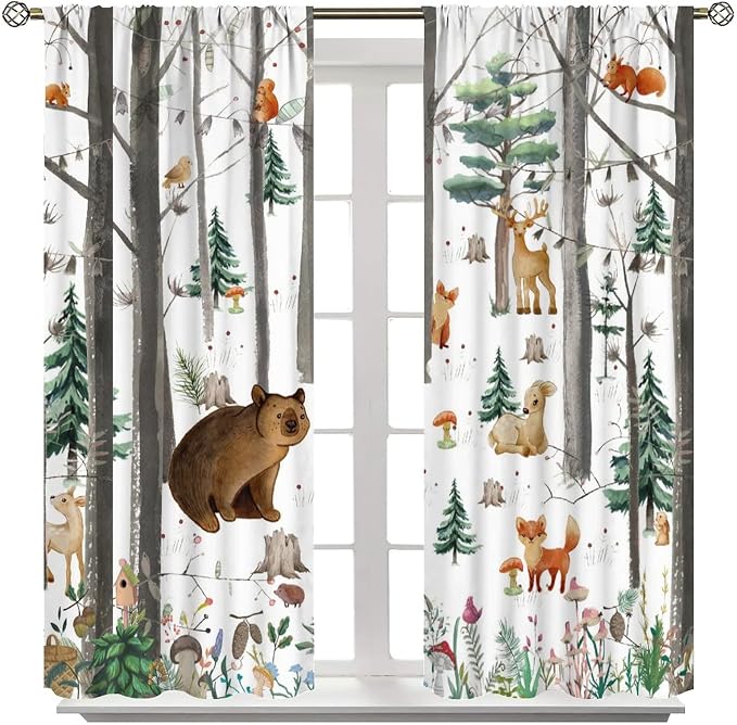 YCness Kid Forest Woodland Animal Fox Elk Bear Watercolor Print Curtains for Nursery Bedroom Living Room, Rustic Wild Animal Window Drapes 2 Panel Set, 42x63 Inch