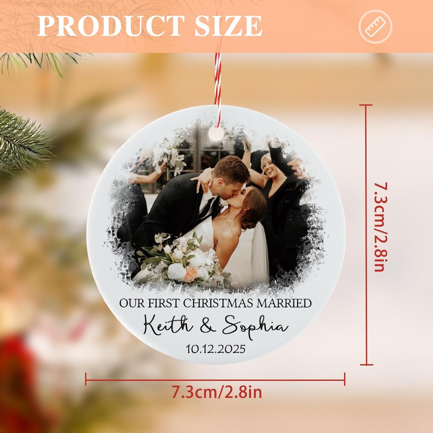 Bemaystar Personalized First Christmas Married Ornament 2025 - Personalized Photo Ornaments with Text Date, Custom 1st Christmas Married Ornament, Customized Xmas Gifts for Newlywed, Couples