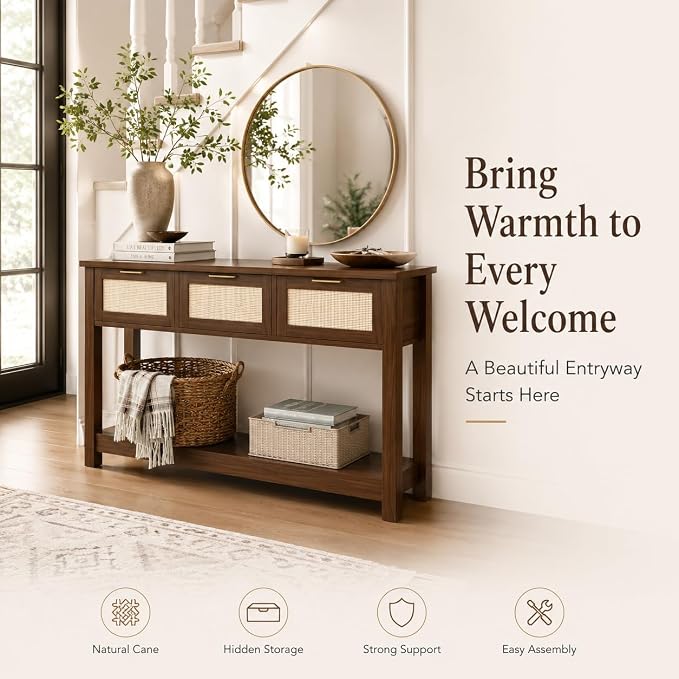 Luoxiao Console Table for Entryway with 3 Rattan Drawers Storage Open Shelf | Narrow Entry Table for Hallway, Foyer, Couch, Front Entrance, Anti-Tip, Easy to Assemble, 47 Inch, Walnut, Mid-Century Modern