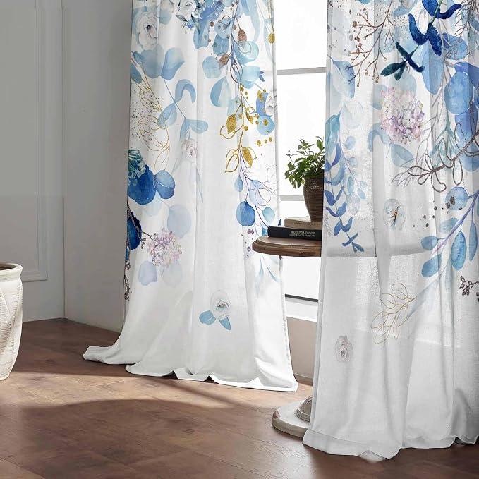 Blue and White Curtains for Living Room Spring Summer Blue Eucalyptus Leaves Light Filtering Curtains Floral Drapes for Bedroom Botanical Farmhouse Nature Printed Window Curtain 2 Panels 52X72Inch