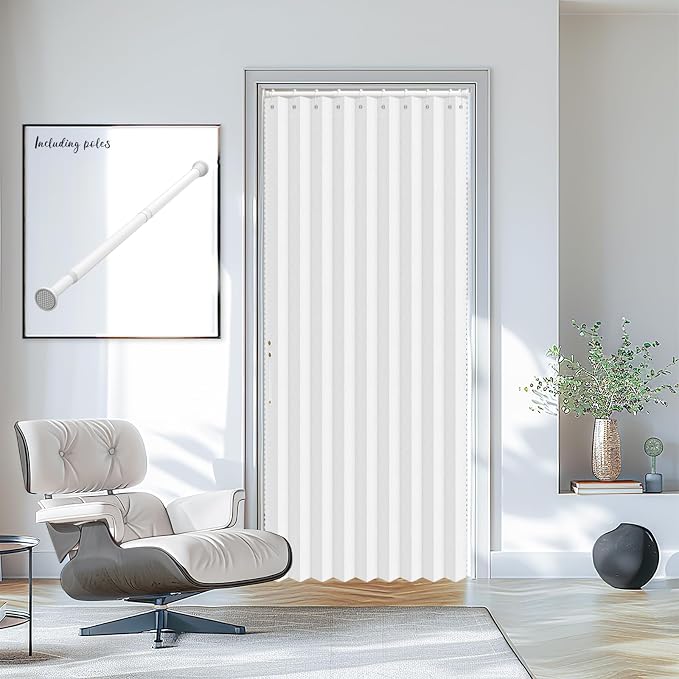 AJAZZ Set: Curtain Rods No Drilling (28-39" W Adjustable Range) & Accordion Door Curtain, White 42W×78" L, Accordion Doors for Closet Doorway Room Divider
