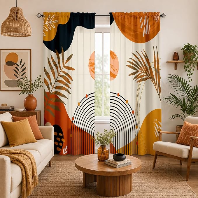 Boho Mid Century Abstract Leaves Curtains 52X84Inch Rainbow Living Room Curtain 2Pc Burnt Orange Curtains for Bedroom Modern Geometric Drapes Yellow Plant Colorful Curtain