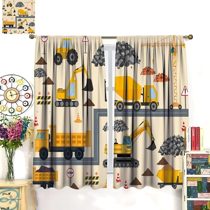 Cartoon Car Blackout Curtain,Boys Kids Construction Equipment Vehicles Excavator Window Curtains Dining Room Living Room Kitchen Cafe Bedroom Office Nursery Drapes,42x63 in
