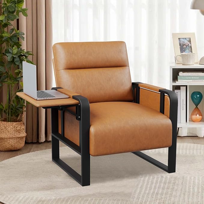 Brown Accent Chair PU Leather Upholstered Armchair with Side Table | Modern Ergonomic Accent Chair for Living Room Bedroom Reading Chair with Side Pocket Corner Chair Office Reception Side Chair