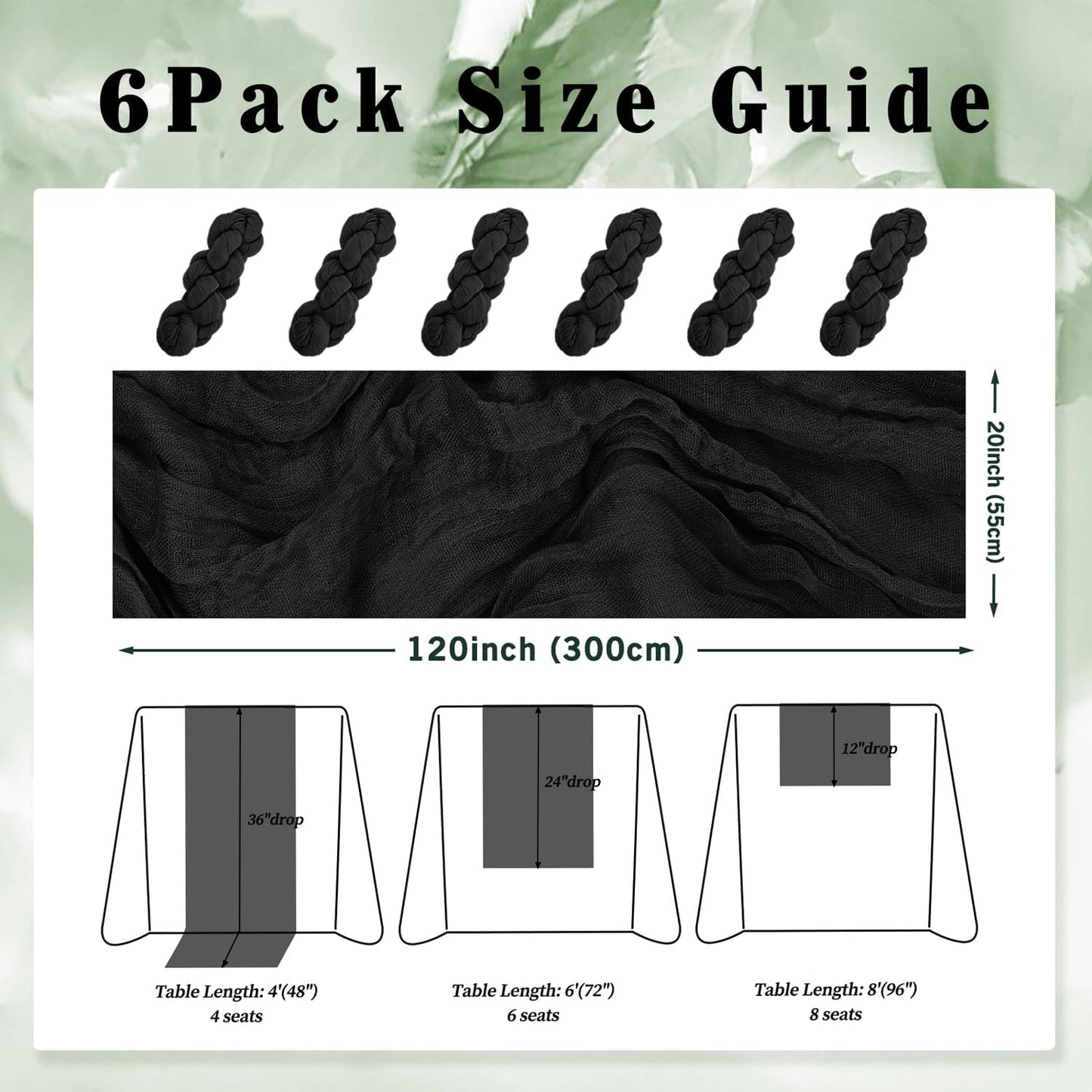 10FT 6 Pack Black Cheesecloth Table Runner 20 x 120 Inch Long Boho Fabric Rustic Cheese Cloth Table Runner for Wedding Bridal Shower Baby Shower Gauze Sheer Birthday Party Table Decorations