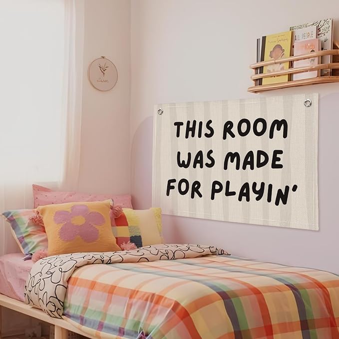 Playroom Decor Wall Banner "This Room Was Made For Playin'" 20x30 Inch - Nursery Canvas Art, Kids Bedroom Hanging, Linen Toddler Play Area Sign, Children's Canvas Flag Decor - Beige