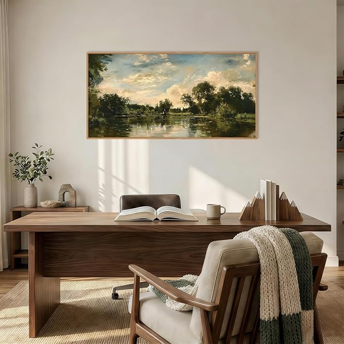 Vintage Landscape Framed Canvas Wall Art Set,Rustic Natural Green Trees and Lake Wall Decor,Classic Nature Scenic French Country Forest Artwork for Living Room,Bedroom,Farmhouse-40 x20 x1