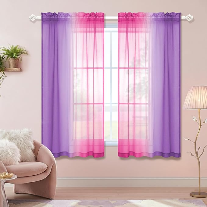 KOUFALL Kids Room Curtains for Little Girls Bedroom,2 Pack Short Sheer Princess Curtains for Small Window 45 Inch Length