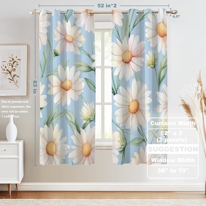 Shrahala Daisies Leaves Thermal Insulated Blackout Window Curtains, White Daisies On Blue Long Drapes for Bedroom/Living Room with Plastic Grommet, 52X63 Set of 2