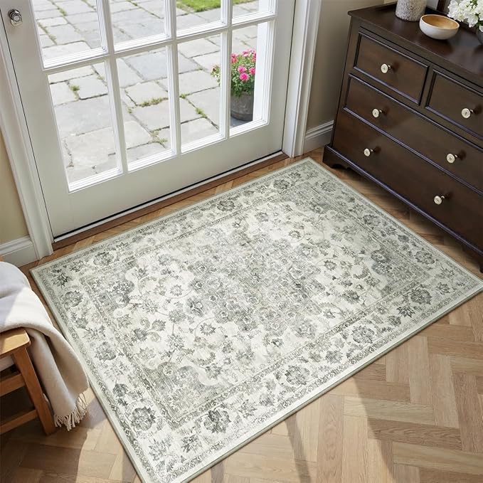 2x3 Washable Neutral Area Rug Green Vintage Entryway Kitchen Carpet Non-Slip Soft Low Pile Farmhouse Indoor Small Throw Rug for Bedroom Bathroom Entrance