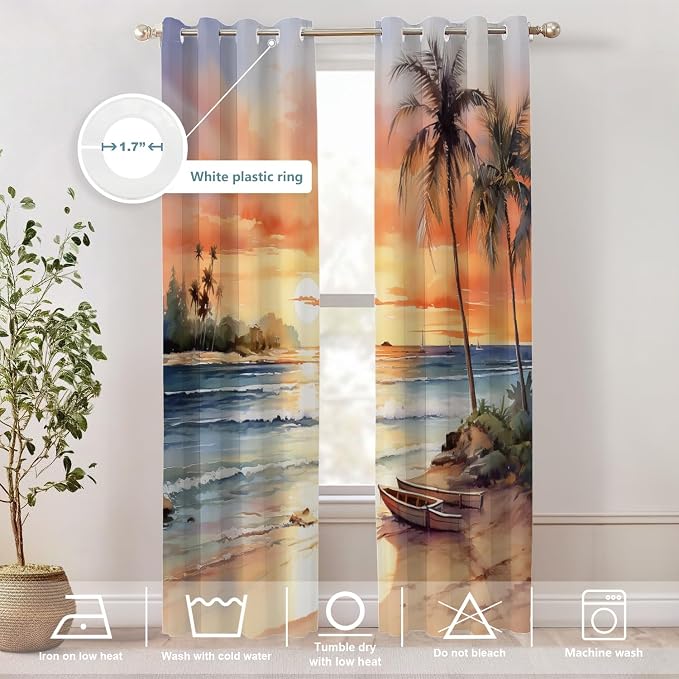 Shrahala Sunset Beach Thermal Insulated Blackout Window Curtains, Tropical Seaside Scene Long Drapes for Bedroom/Living Room with Plastic Grommet, 52X84 Set of 2