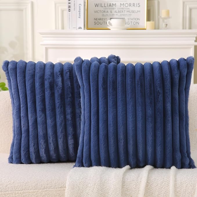 Decorative Throw Pillow with Inserts, Set of 2 Soft Faux Fur Throw Pillows, Square Boho Striped Pillow for Couch, Bed, Sofa Decor (Blue, 16" x 16"(Pack of 2))