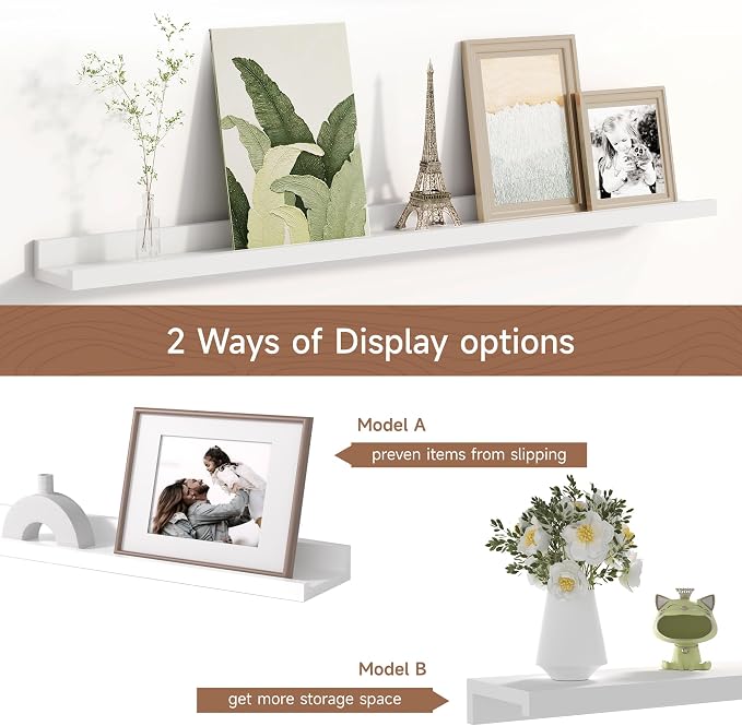 Fun Memories Picture Ledge Shelf for Wall, Floating Shelves Set of 4, 36 Inch Long Nursery Book Shelves for Toys Storage, Kids Bookshelf Wall Mounted for Books Photo Frames, White