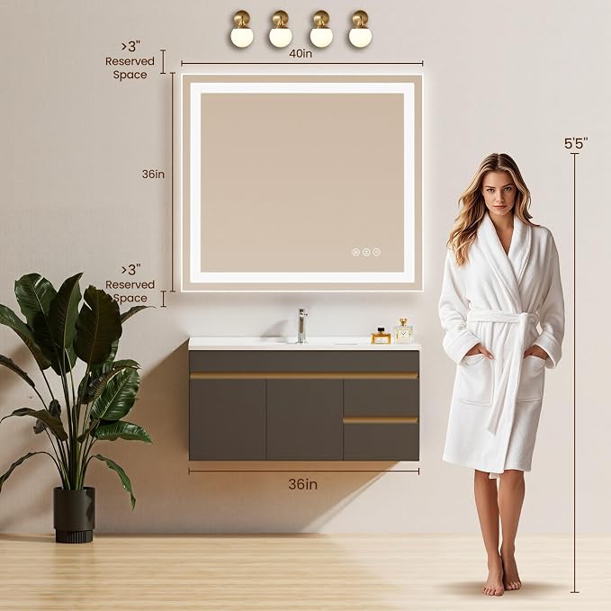 40X36 LED Bathroom Mirror with Lights, Anti-Fog, Backlit + Front Lit, Lighted Bathroom Vanity Mirror for Wall, Memory Function, Dimmable, Tempered Glass, Shatter-Proof