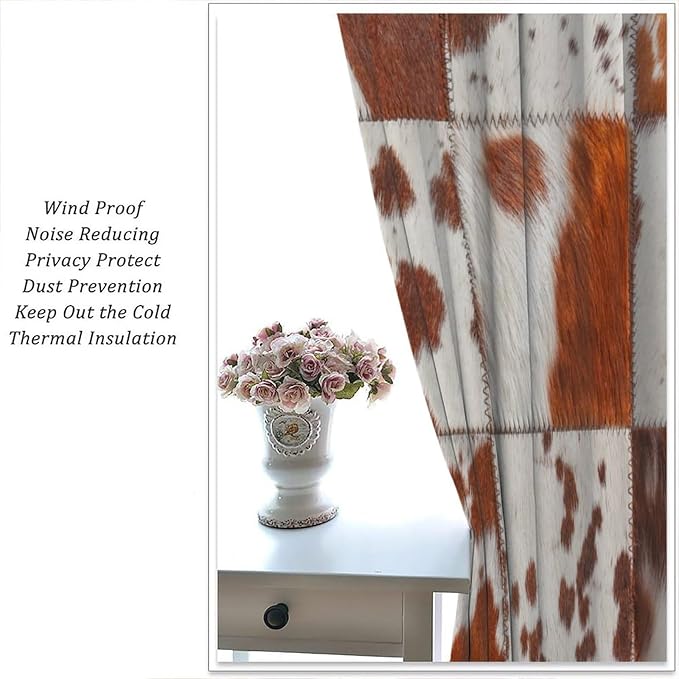 Cowhide Blackout Curtains, Rustic Farmhouse Animal Spotted Brown Cow Texture Print Rod Pocket Curtain Window Treatments 2 Panels Drapes for Kitchen Living Room Bedroom Cafe Decor 55"W X 63"L