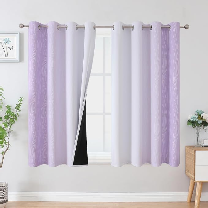 Estelar Textiler Lilac and Greyish White Blackout Curtains 45 Inch Length, Light Blocking Gradient Drapes for Bedroom, Thermal Insulated Grommet Ombre Curtains for Bathroom,52Wx45L,2 Panels