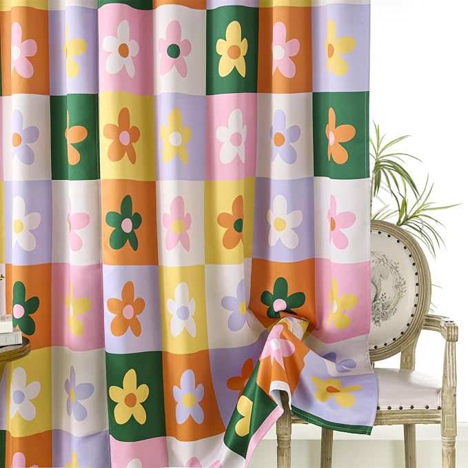 RoomTalks Checkered Floral Blackout Window Curtains for Bedroom Living Room 84 Inches Length 2 Panels, Colorful Retro Daisy Flowers Cute Curtain Panels Funky Aesthetic Dorm Window Drapes