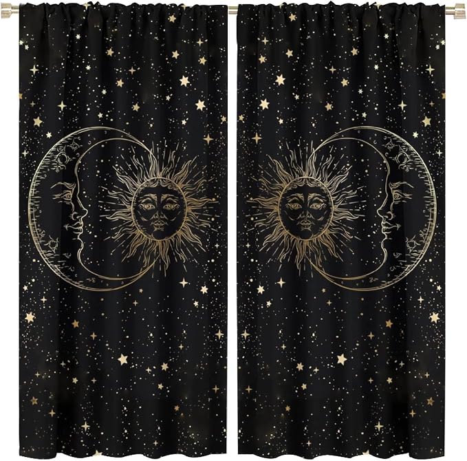 Sun Moon Blackout Windows Curtains, Golden Sun Moon and Stars Black Sky on Bohemian Style Curtains, for Living Room Bedroom 63x63in 2 Panels