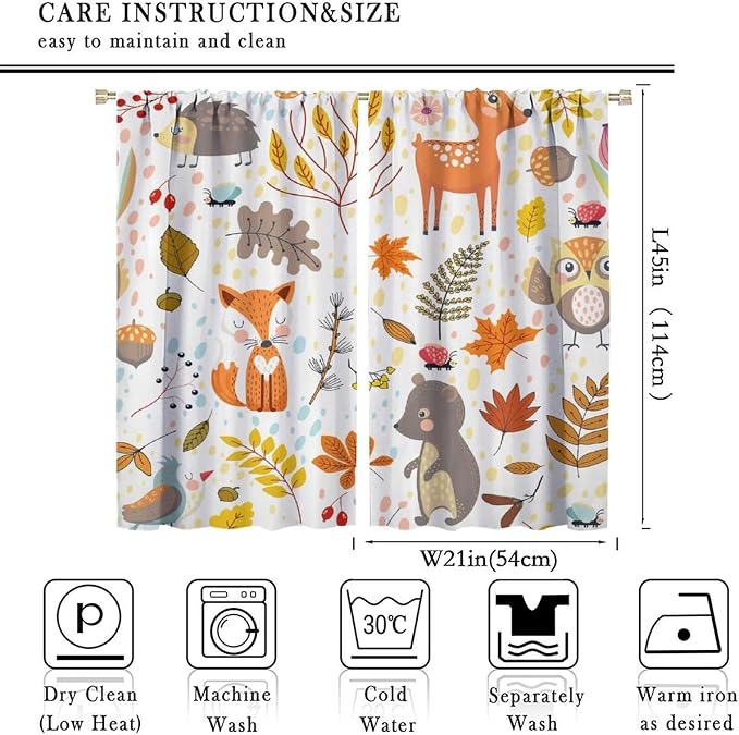 YCness Kids Boys Girls Curtains, Jungle Animal Autumn Forest Cartoon Deer Rabbit Fox Owl Print Pattern Window Drapes for Nursery Baby Bedroom Playroom Living Room 2 Panel Sets,42x45 Inch