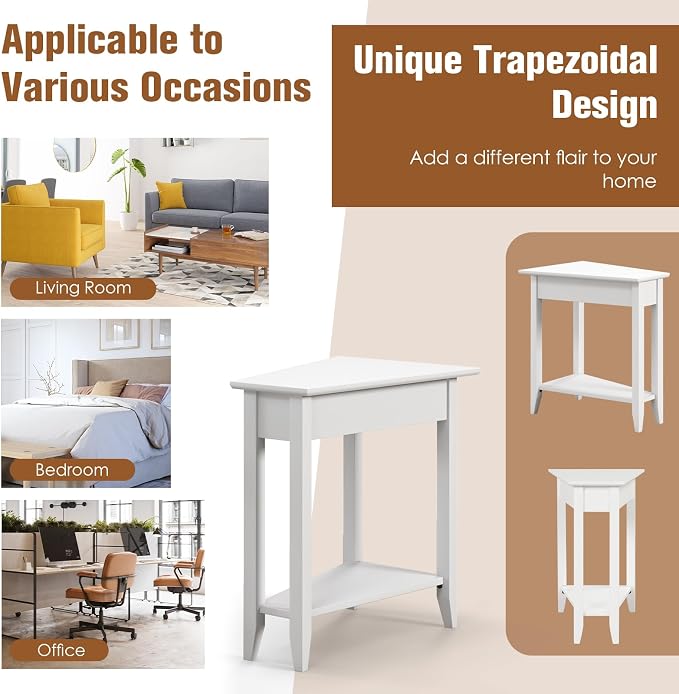Giantex White Wedge End Table Set of 2, Triangle Side Table with Storage Shelf and Solid Wood Legs, Recliner Table, 24.5" Tall Nightstand, Modern Narrow Accent Table for Small Space Living Room
