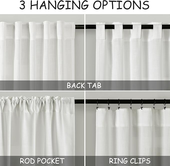 Ivory Linen Sheer Curtains 102 Inches 2 Panels Set Back Tab Rod Pocket Extra Long Semi Sheer Light Filter Vintage Curtain Drapes Room Decor Aesthetic Curtains for Living Room High Window 40x102
