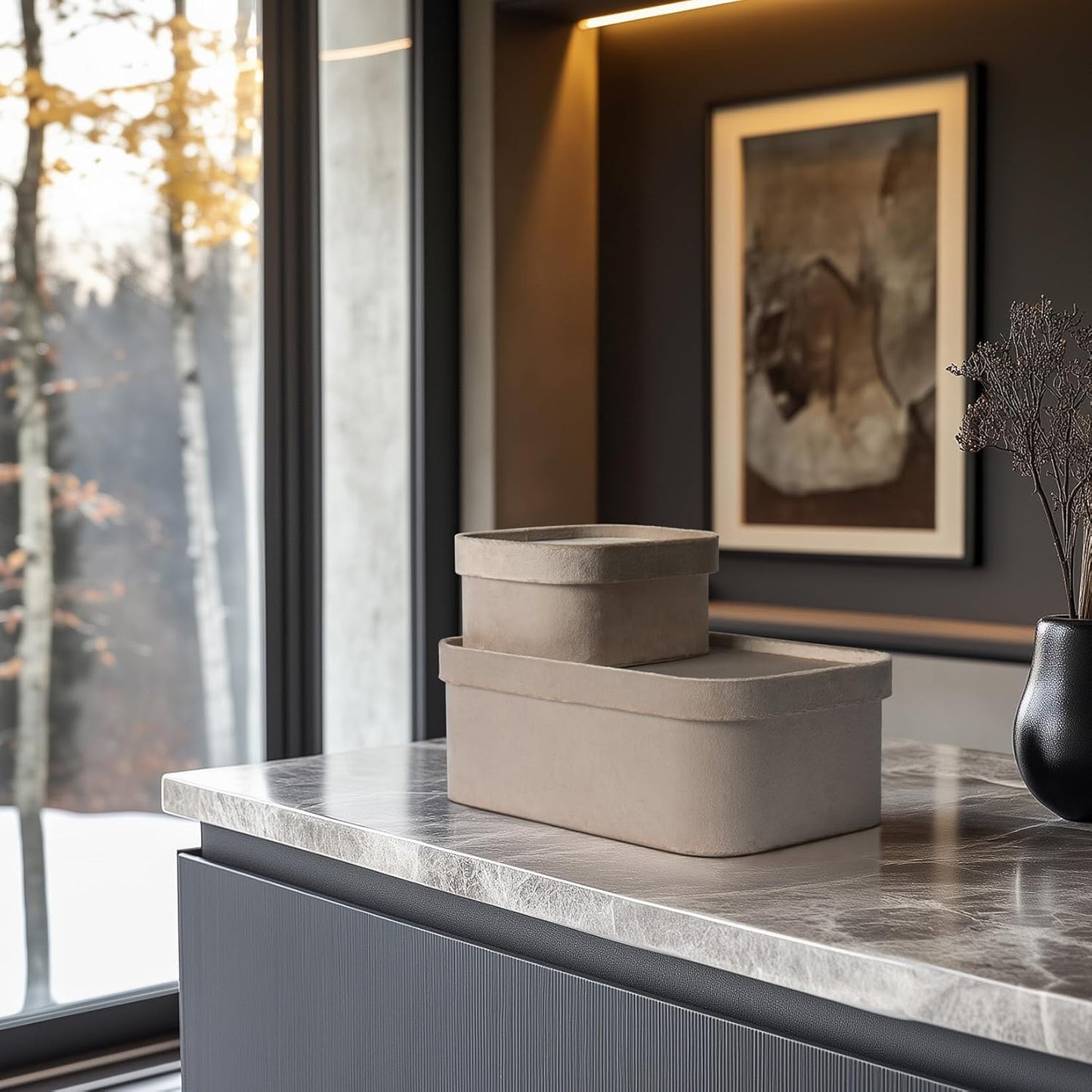 La Jolie Maison Velvet Storage Baskets with Lids, Sturdy Stackable Cardboard Boxes with Decorative Trays, Organizer Bins for Bathroom Bedroom Organizing, Taupe, Set of 3