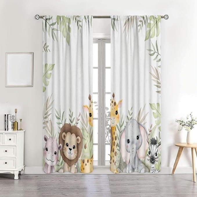 Nursery Curtains Jungle Safari Theme with Giraffe Print, Kids Room Classroom Decor, 55x63 Inches, 75% Blackout Fabric for Baby Nursery, Animal Cub Design, Easy Install & Machine Washable