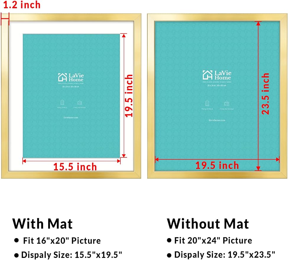 LaVie Home 20x24 Picture Frame Gold Poster Frame,Display Pictures 16x20 with Mat or 20x24 Without Mat, Stable and Sturdy Frame and Polished Plexiglass, Horizontal and Vertical Format of The Walls