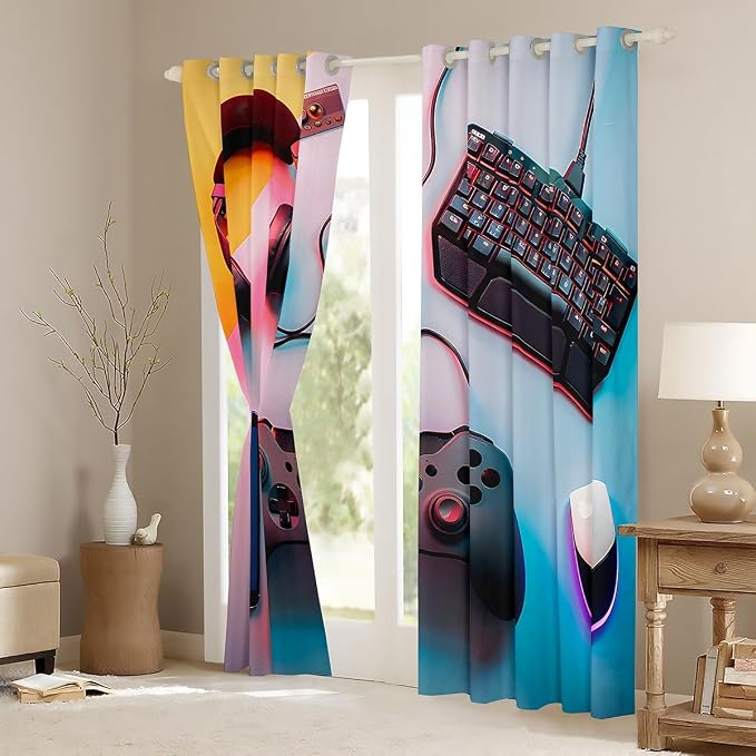 Feelyou Kids Boys Gamer Window Curtains Black Pink Blue Gamer Darkening Drapes Gaming Blankout Curtains Game Room Decor Window Treatments (2 Panels, 38 x 54 Inch)