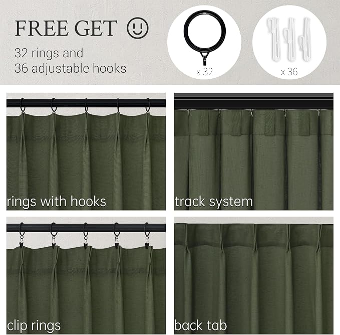 Topfinel 96 Inches Long Pinch Pleated Semi Sheer Curtains,Olive Green Linen Blended Light Filtering Window Curtains 96 Length for Living Room Bedroom Pinch Pleat Drapes with Hooks 2 Panels 72" Wx96 L