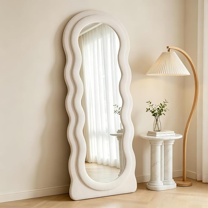 Dewfig Full Length Mirror, 63" x 24"Irregular Wavy Mirror, Large Floor Length Mirrors Wall Mounted, Standing Wavy Mirrors with Flannel Wrapped Wooden Frame for Bedroom/Living Room, White