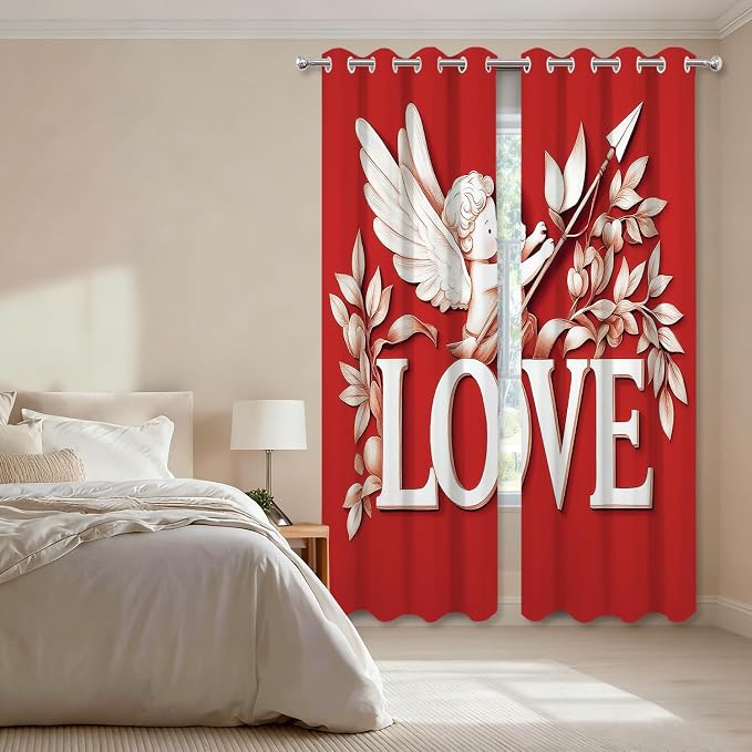 Shrahala Cupid Love Thermal Insulated Blackout Window Curtains, Romantic Love Long Drapes for Bedroom/Living Room with Plastic Grommet, 52X63 Set of 2