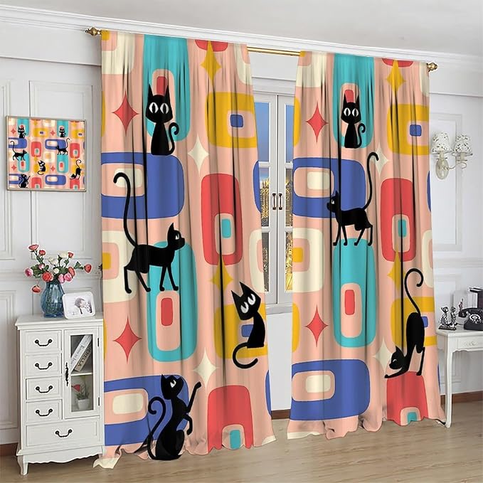JESTRONRY Mid Century Style Curtains, Black Cat Modern Abstract Geometric 1950s 60s Vintage Colorful Blackout Rod Pocket Window Drapes for Living Room Bedroom Home Decor 42x45in