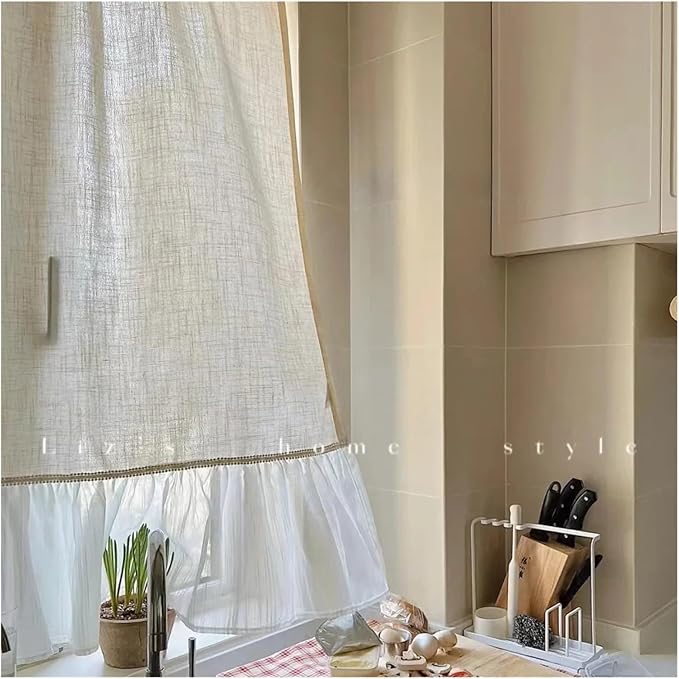 Modern Farmhouse Cotton Linen Curtain Country Ruffle Cafe Semi-Transparent Small Tier Decor(W60xH90cm)
