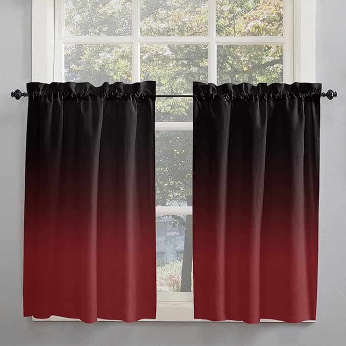 54 Inch Long Tier Curtains for Kitchen, Black Red Gradient Bathroom Window Curtains Rod Pocket Short Curtains Window Treatment Tiers for Living Room Farmhouse 2 Panels