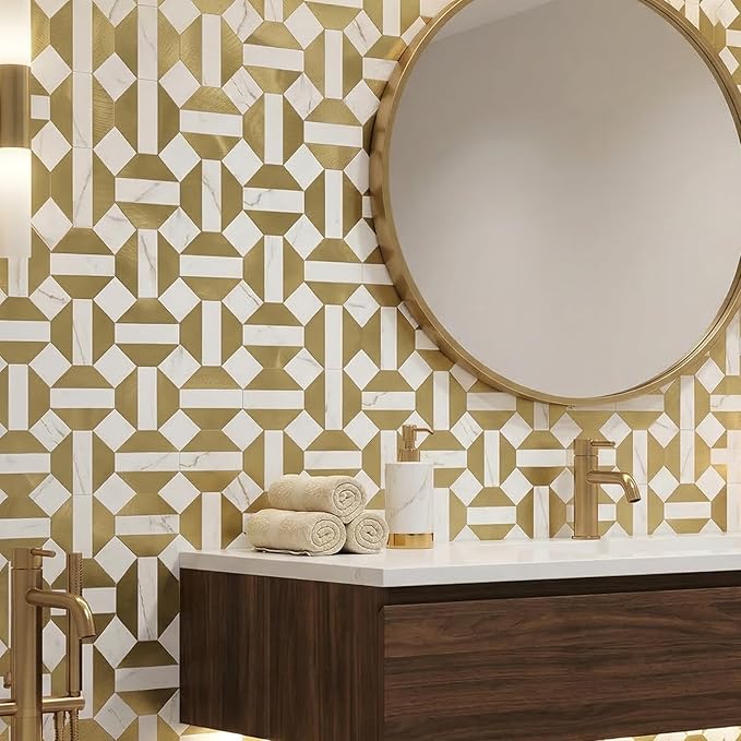 10-Sheets Peel and Stick Backsplash Tiles, PVC Marble Mixed Metal Look,Heat Resistant Stick on Tiles for Kitchen Wall,Bathroom,Laundry Room (Marble Gold & Gold)