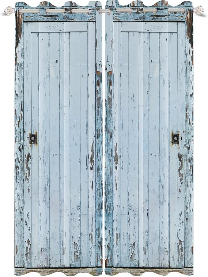 Wooden Barn Door Window Curtains Vintage Blackout Kitchen Curtains Rustic Country Farmhouse Garage Decor Light Blue Wood Planks Print Window Drapes for Living Room Bedroom,26x84 inch,2 Panels